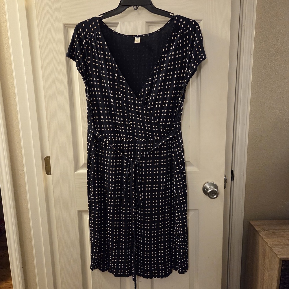 Old Navy sz 2X navy polka dot ss rayon wrap dress casual‎ classic chic career